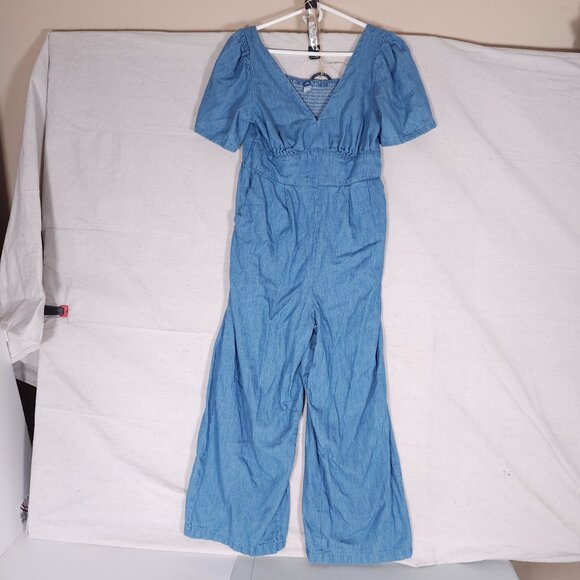 Old Navy Womens Denim Jumpsuit M Petite Blue Puff Sleeve Farmcore Cottagecore - Picture 1 of 13